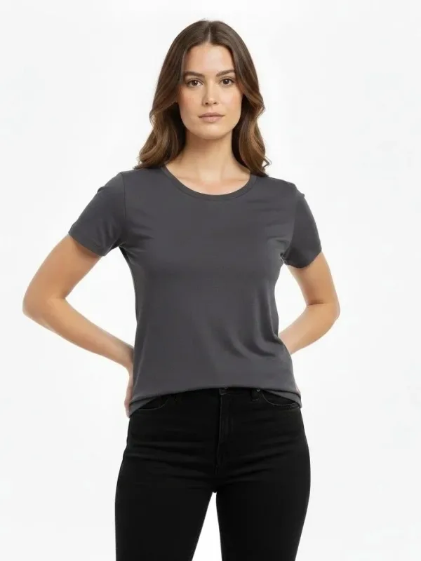 Damski dymiony slim fit T-shirt z dekoltem w serek, elastyczny, podstawowy 3