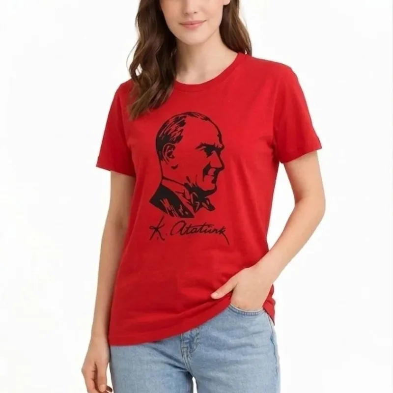 Women's Red Crew Neck Atatürk Printed Short Sleeve T-Shirt