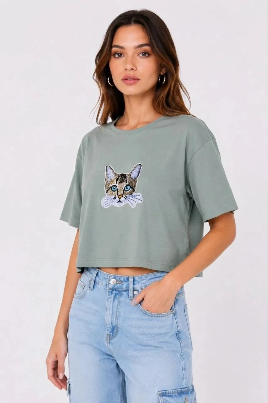 Ženska Mint Zelena Oversize Mačka Print Crop Majica