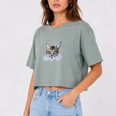 Ženska Mint Zelena Oversize Mačka Print Crop Majica 1