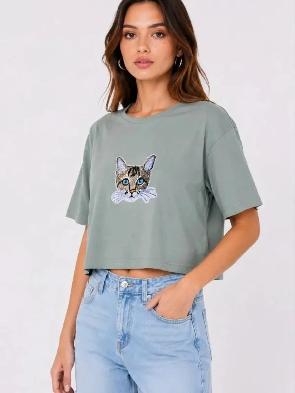 Ženska Mint Zelena Oversize Mačka Print Crop Majica 1