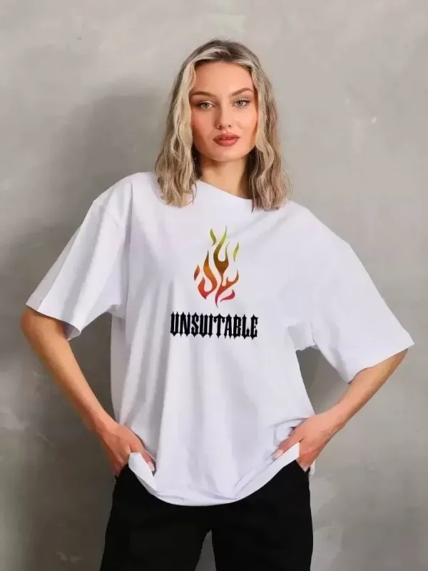Ženska bela oversize bicikli kragna štampana majica 1