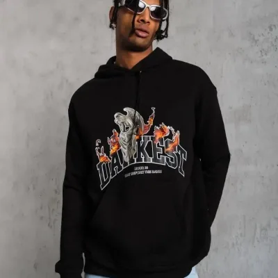 Férfi fekete 3 szálas pamut kapucnis nyomott kenguru zsebes sweatshirt 4