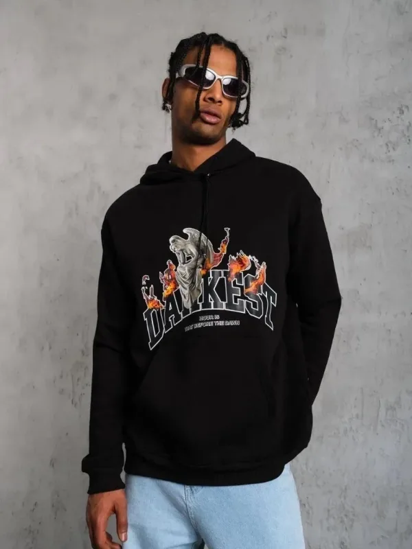 Férfi fekete 3 szálas pamut kapucnis nyomott kenguru zsebes sweatshirt 4
