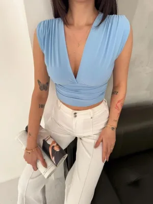 Ženska baby plava s jastučićima bez rukava V izrez drapirani likra crop bluza