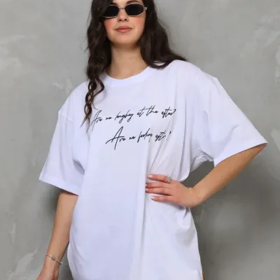 Γυναικείο Λευκό Oversize Ποδηλατόλαιμο Τυπωμένο Κοντό Μανίκι Μπλουζάκι 6
