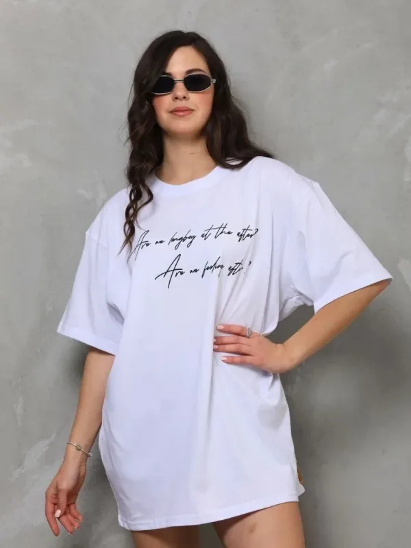 Γυναικείο Λευκό Oversize Ποδηλατόλαιμο Τυπωμένο Κοντό Μανίκι Μπλουζάκι 6