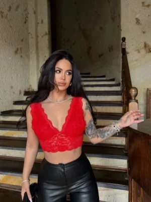 Ženski crveni V izrez čipka bralet crop grudnjak na naramenice elastičan