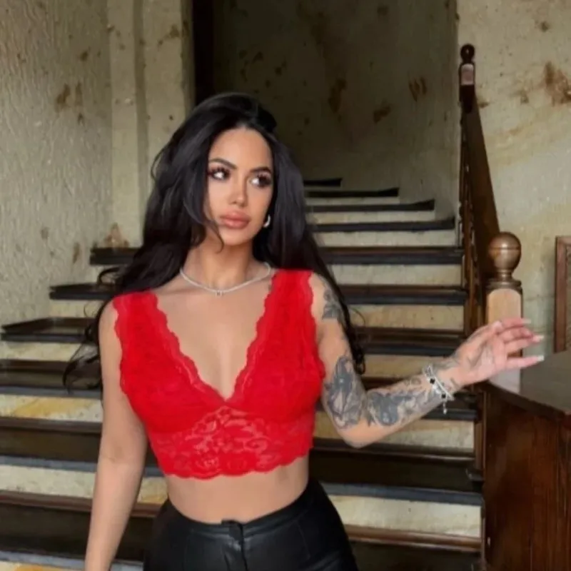 Bralet Crop a Jinan a Sor, V-Yaka, Dantel, Bişkok, Esnek