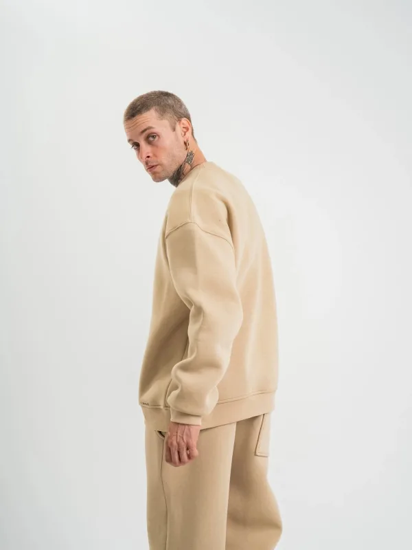 Férfi Bézs Hosszú Ujjú Kerékpárnyakú 3 Szálas Pamut Vastag Sweatshirt 3