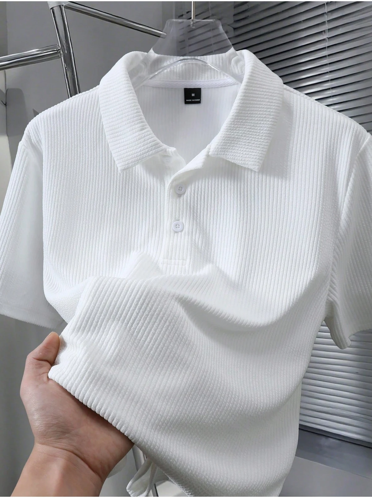 Kişi Ağ Polo Yaxalı Oversize Qabırğalı Parça %100 Pambıq Bol Kəsim Velosiped Yaxalı