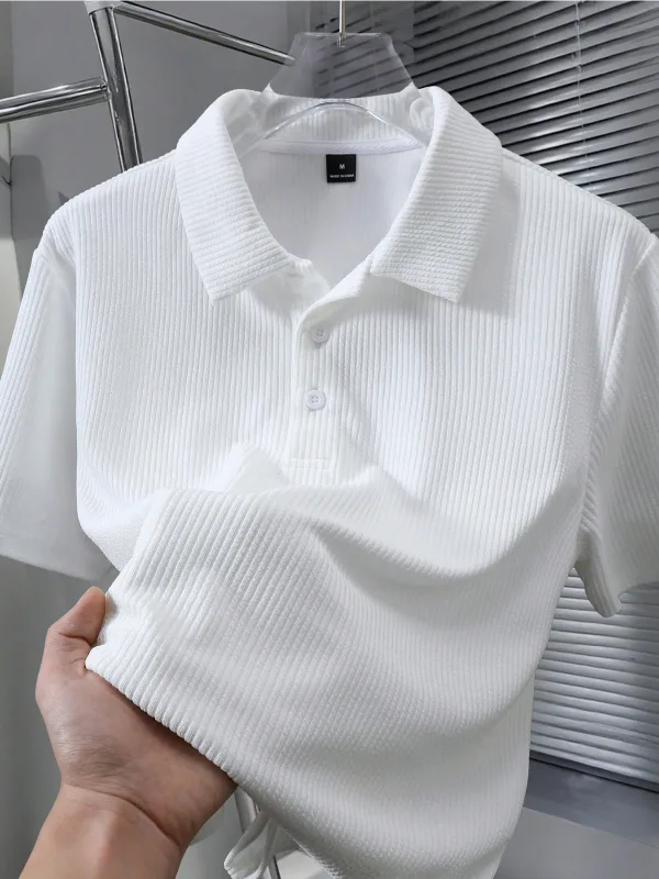 Erkek Beyaz Polo Yaka Oversize Fitilli Kumaş %100 Pamuk Bol Kesim Bisiklet Yaka