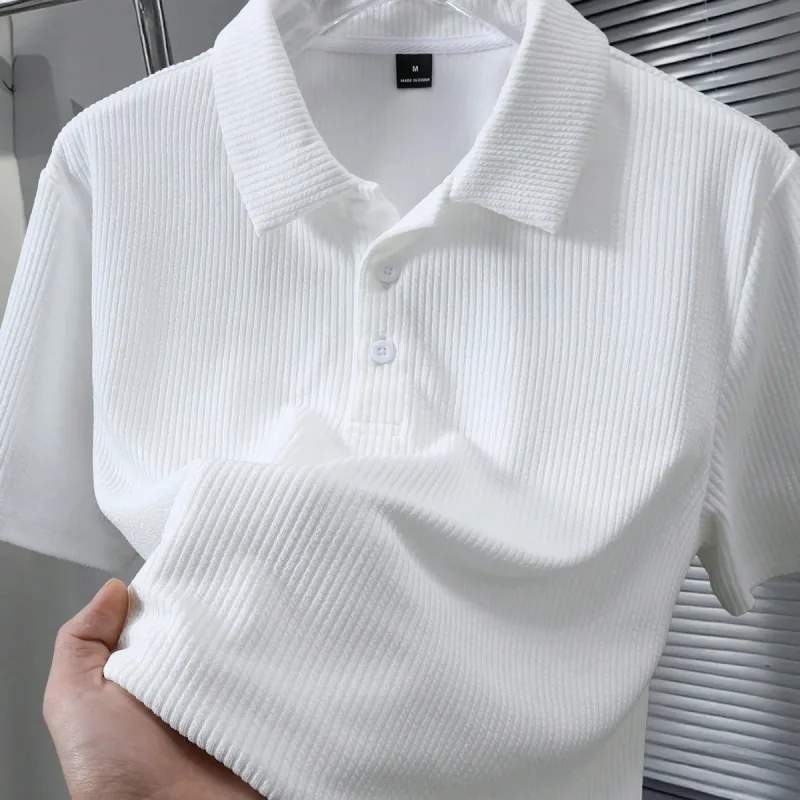 Tîşorta Polo ya Oversize ya Spî ya Mêran, Bi Qurmikî, Stûyê Bisîkletê, Pembû