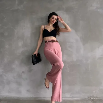 Belted Linen Pants Powder 2