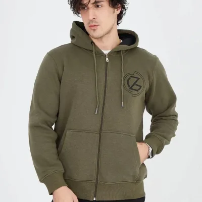 Men's Green 3-Thread Cotton Zippered Hooded Printed Hoodie 4