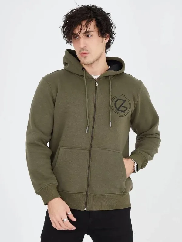 Men's Green 3-Thread Cotton Zippered Hooded Printed Hoodie 4