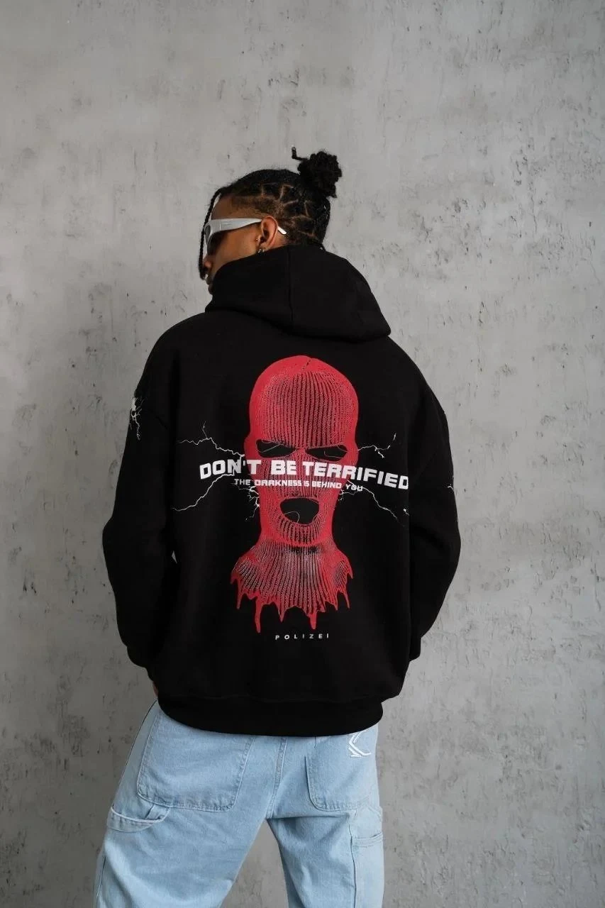 Машки црн Oversize 3-нишки памучен дукс со качулка, печатење и џеб