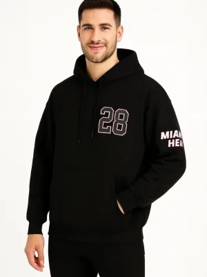 Férfi fekete 3 szálas pamut kapucnis kenguru zsebes nyomott sweatshirt