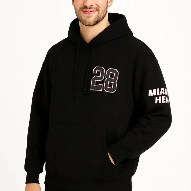 Férfi fekete 3 szálas pamut kapucnis kenguru zsebes nyomott sweatshirt