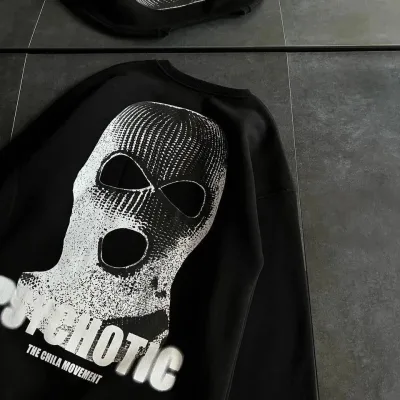 Damski Czarny Oversize Rowerowy Kołnierz Nadruk Gruby Sweatshirt 3