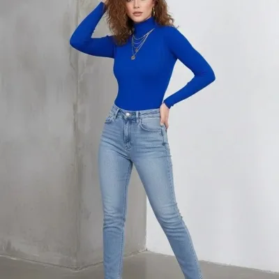 Dámské saks modré s vysokým výstřihem žebrované lycrové dlouhé rukávy body 2