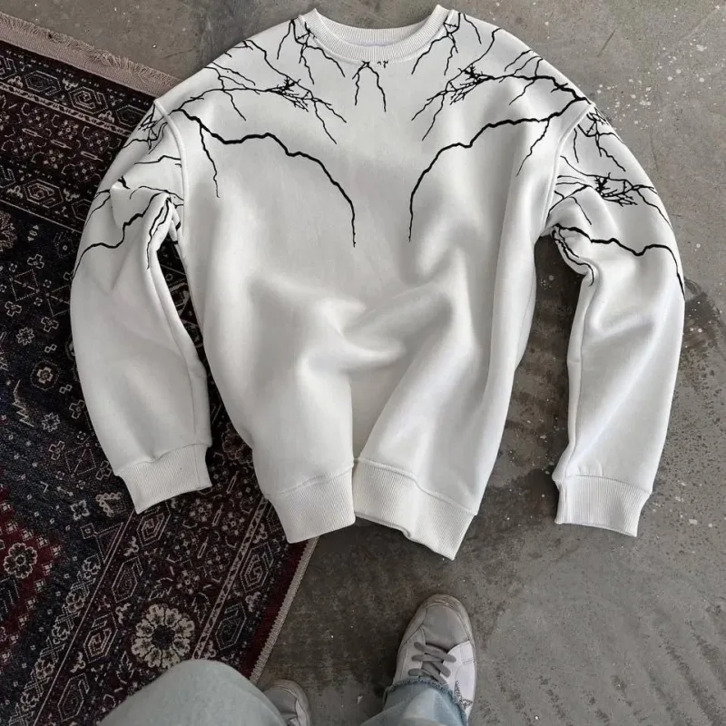 Men's White Lightning Printed Cycling Neck 3-Thread Cotton Sweatshirt