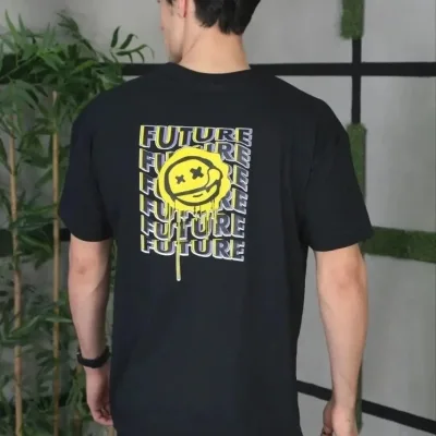 Kişi Qara Oversize Velosiped Yaxalı Çap Yay T-Shirt 3