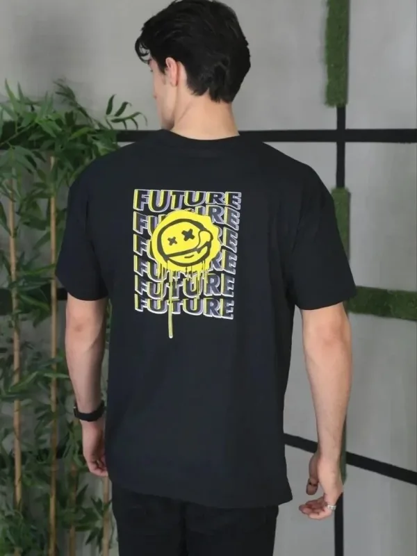 Kişi Qara Oversize Velosiped Yaxalı Çap Yay T-Shirt 3