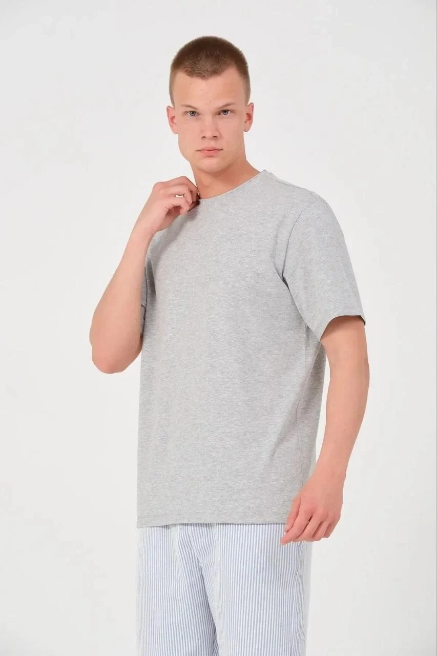 Męski szary regular fit dekolt w serek dżersej T-shirt