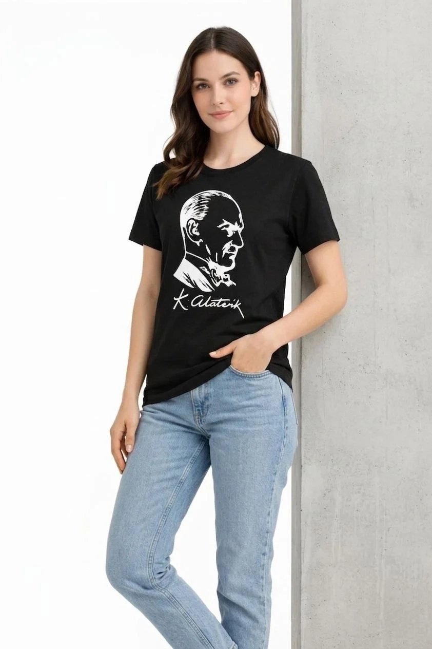 Ženska Crna Bicikli Kragna Ataturk Print Majica 2
