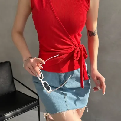 Strap Front Cross Tie Blouse Red 1