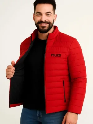 Men's Red Micro Water Repellent Quilted Printed Zippered Bomber Jacket