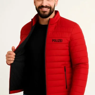 Men's Red Micro Water Repellent Quilted Printed Zippered Bomber Jacket 1