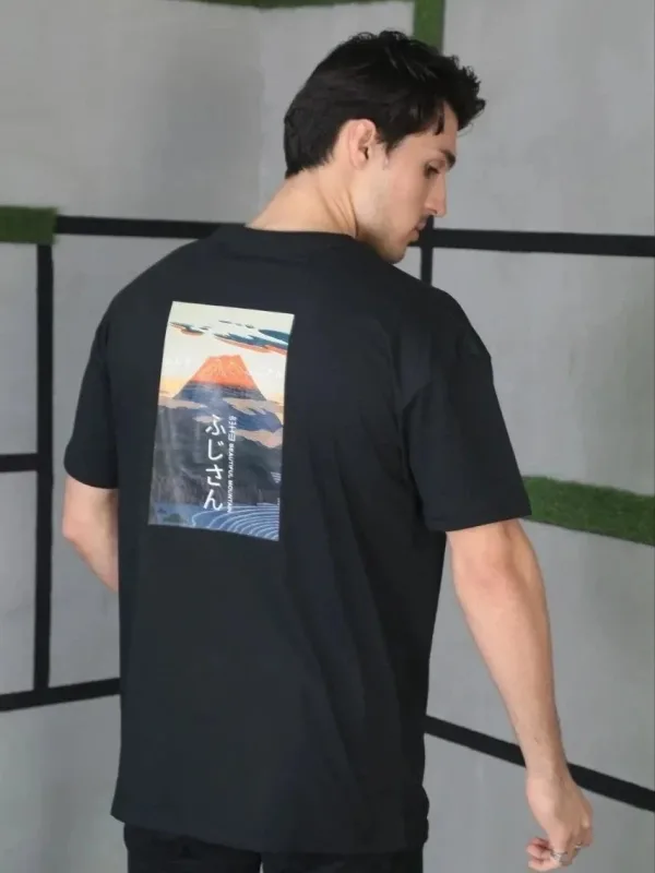 Ανδρικό Μαύρο Oversize Ποδήλατο Λαιμός Τυπωμένο Μπλουζάκι 3