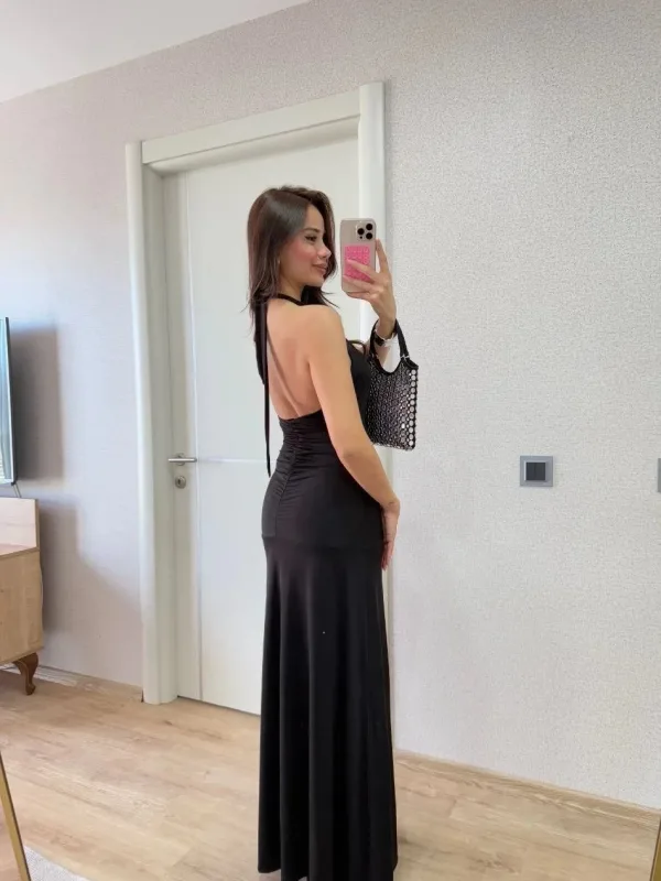 Neagra Decolteu Spate Lunga Femeie 6