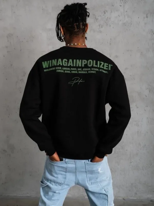 Men's Black Oversize Crew Neck 3-Thread Cotton Printed Sweatshirt 5