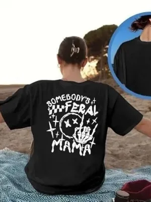 Γυναικείο Μαύρο Oversize Ποδηλατόλαιμο Τυπωμένο Μπλουζάκι