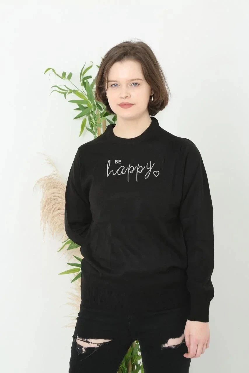 Női Fekete Oversize Bicikli Nyakú Nyomott Szövött Kötött Pulóver