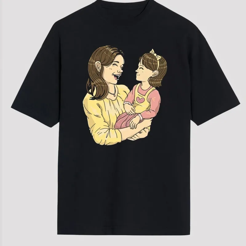 Ženska crna oversized majka kći tema printana biciklistička kragna majica