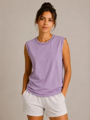 Γυναικείο Μωβ Βασικό Αμάνικο Tank Top με Στρογγυλή Λαιμόκοψη και Αντίθετες Ραφές