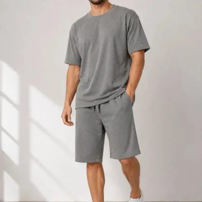 Muški 2-dijelni oversize set od dvostrukog konca ljetni šorc i majica set 3