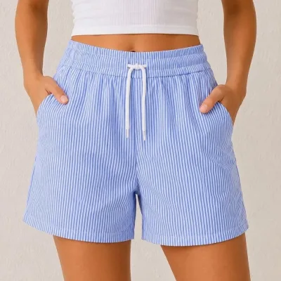Női kék regular fit, vízelvezető csíkos, zsebes, gumírozott derekú nyári rövidnadrág