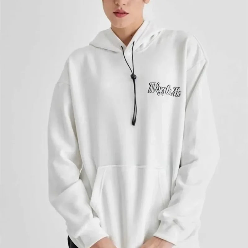 Sweatshirtê Oversize yê Jinan, Spî, Bi Çapa Tupac, Bi Kulpik, Ji Sê Têlan Pembû
