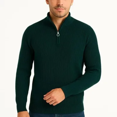 Pánský khaki regular fit svetr s polovičním zipem a stojáčkem z bavlny 2
