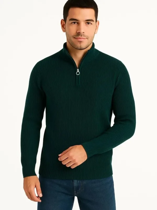Pánský khaki regular fit svetr s polovičním zipem a stojáčkem z bavlny 2