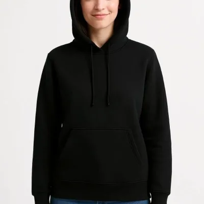 Női Fekete 3 Szálas Pamut Kapucnis Kenguru Zsebes Sweatshirt 3