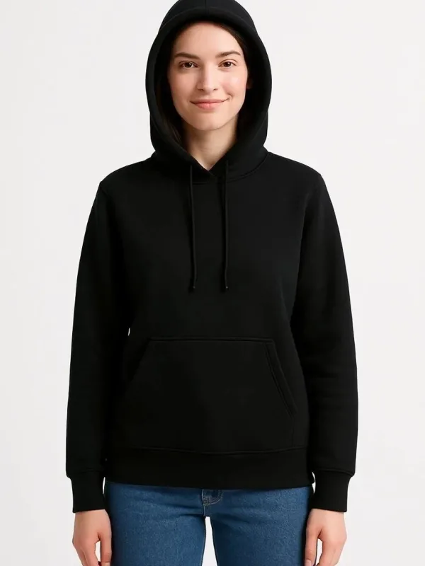 Női Fekete 3 Szálas Pamut Kapucnis Kenguru Zsebes Sweatshirt 3