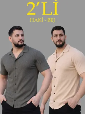 Мъжки комплект от 2 ризи, от вафлен плат, с отворена яка, с копчета