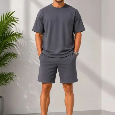 Muški dimljeni oversize set s džepovima mekani modal majica kratke hlače 3