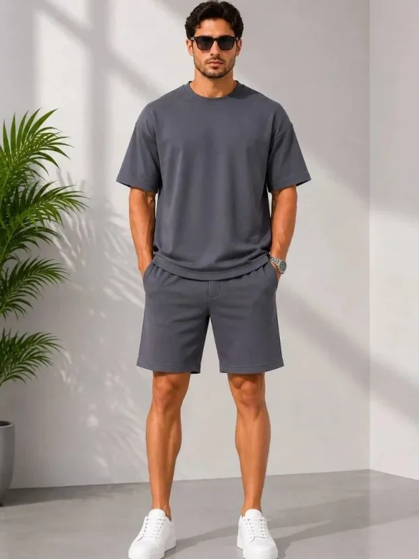 Muški dimljeni oversize set s džepovima mekani modal majica kratke hlače 3